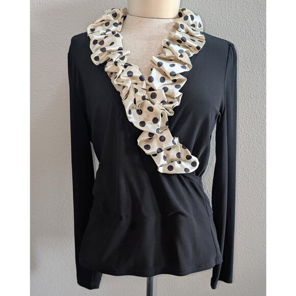 Joseph Ribkoff Polka Dot Ruffle Collar Surplice Wrap Style Blouse Black Cream 10 - Picture 1 of 4